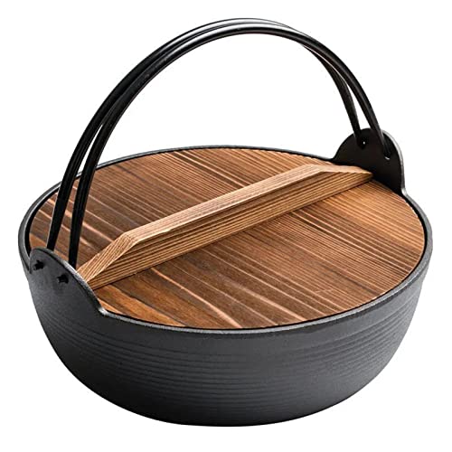 QUSYZD Olla Caliente Shabu Shabu de Hierro Fundido de Estilo japonés, sartén Sukiyaki, Antiadherente, para Acampar al Aire Libre, Utensilios de Cocina de inducción con Tapa de Madera y,