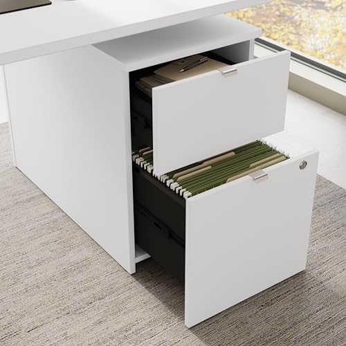 Image of Bush Business Furniture 60-inch Height Adjustable L Shaped Standing Desk with File Cabinet, Ergonomic Sit-Stand Computer Table for Office, Stratus Collection, White with White Base
