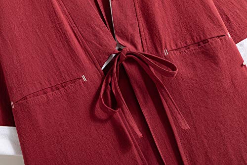 Image of Mens Japanese Kimono Cardigan Cotton Linen Haori Fashion 3 /4 Sleeve Yukata | Shawl Collar Kimono Jacket Robe Embroidery Patchwork Happi Coat Tie Pockets Lightweight Outerwear Daily Casual All Seasons