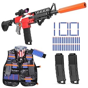 Toy Sniper Rifle with Scope, Realistic Toy Gun with Tactical Vest, 2 Magazines and 100 Bullets, Automatic Toy Foam Blaster for Kids Ages 8-12, Electric Toy Dart Blaster Birthday Xmas Gifts