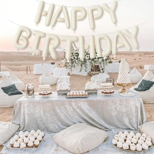 Image of Cream Happy Birthday Balloon Banner, Neutral Beige Happy Birthday Foil Balloon, 16 Inch Ivory White Sand Born Day Bunting Banner Letter Balloons for Men Women Birth Party Decorations Supplies