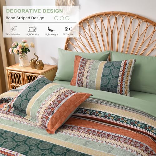 Image of Cottolester Boho Comforter Set Full Size,8 Pieces Sage Green and Orange Bohemian Striped Bed in a Bag,Paisley Soft Microfiber Bedding Comforter Set