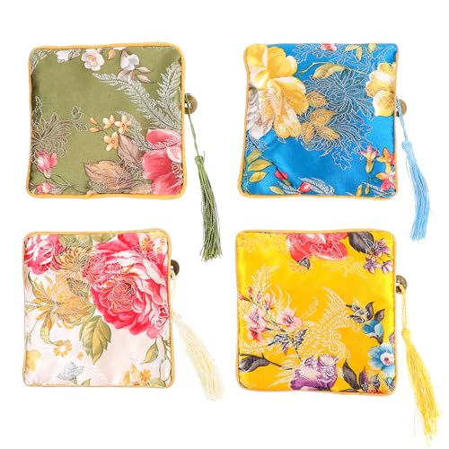 LUOZZY 4pcs Chinese Embroidery Storage Pouch Portable Jewelry Carrying Bag with Zipper Tassel Jewelry Purse Jewelry Supplies