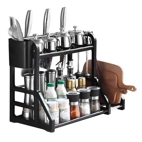 Image of LAXIS 2-tier Spice Rack Kitchen Organizers And Storage Multipurpose Kitchen Decor & Kitchen Storage Rack Kitchen Organizer With Hanging Hooks Countertop Organiser Utensil Stand and organizer rack