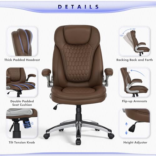 Image of COLAMY Executive Office Chair-Ergonomic Computer Desk Chair, High Back Leather Chair with Padded Flip-up Arms, Swivel Home Office Chair Upgraded Caster, Brown