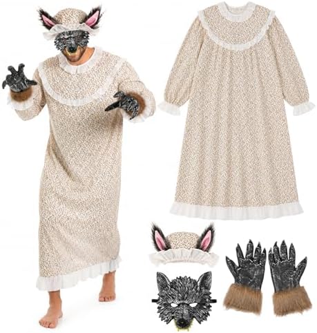 4PCS Wolf Granny Costume Adult Men Big Bad Wolf Grandma Outfit wi...