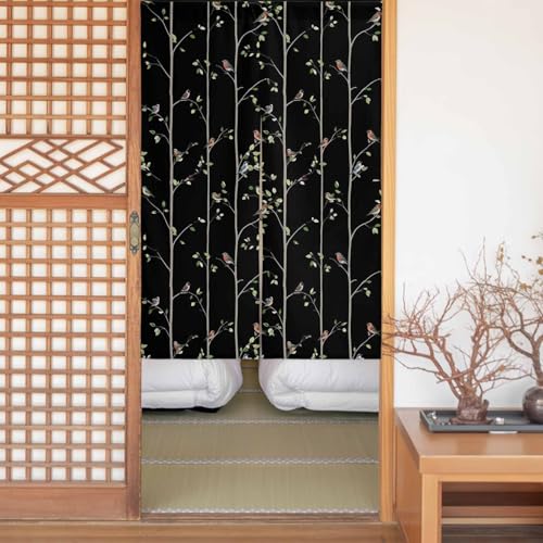 のれん 遮光 おしゃれ 暖簾カーテン 間仕切り 仕切り 目隠し 防寒 防音 厚手 和風 玄関 キッチ リビング 出入り口 グッズ 寝室 春夏秋冬 春 木の枝 植物 モダンスタイル すずめ 黒色 幅85x丈170cm