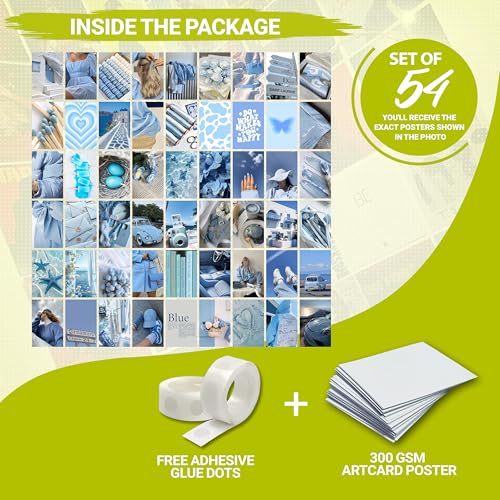 Image of MODERN GALLERY MART Pack of 54 Blue Aesthetic Wall Collage Kit Posters - 4 x 6 Inches Posters for Wall Decoration - Wall Art For Bedroom, Office, Living room, Dorm room - Glue Dots Included