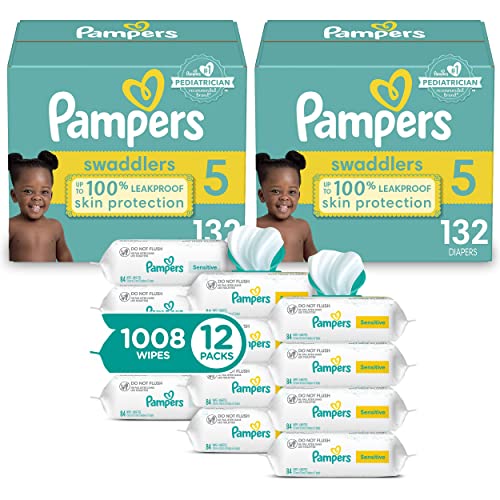 Image of Pampers Swaddlers Disposable Baby Diapers Size 5, 2 Month Supply (2 x 132 Count) with Sensitive Water Based Baby Wipes 12X Multi Pack Pop-Top and Refill (1008 Count)