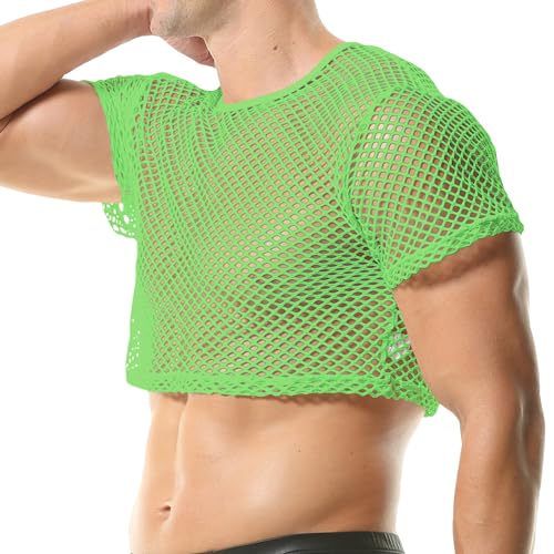 QiaTi Men's Fishnet Shirts Mesh Crop Top See Through Round Neck Short Sleeve Sexy Muscle Tee for Men3