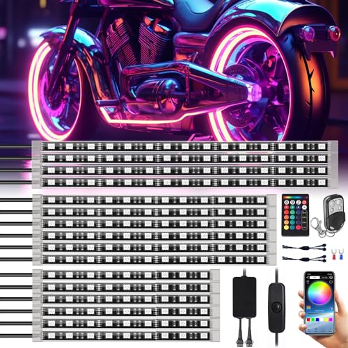 SUNPIE Motorcycle Lights Motorcycle LED Underglow Kit with Brake Lights Turn Signal Lights APP/IR/RF Controls for All Motorcycle Trikes Golf Carts ATVs 3 Wheels,16 PCS Motorcycle LED Light Kit RGB