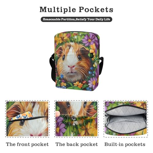 Crossbody Bag Cute Guinea Pig Spring Flowers Messenger Bag for Women Men Purse Shoulder Bag Satchel Bag with Adjustable Strap 214B80922