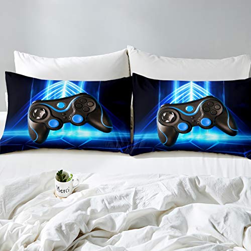 Gamer Duvet Cover Set Boys Teens Video Game Gaming Bedding Set Geometric Triangle Comforter Cover Kids Console Gamepad Anime Quilt Cover Bedroom Collection 3Pcs Double Size,Blue - Image 3