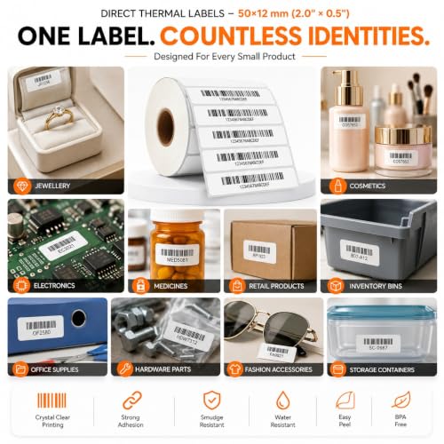 Image of Direct Thermal Labels (Pack of 10, 50mm x 12mm - 500Labels /Roll) - Non Tearable, Scratch Free, Water Proof & Non Fade Stickers with Permanent Marking