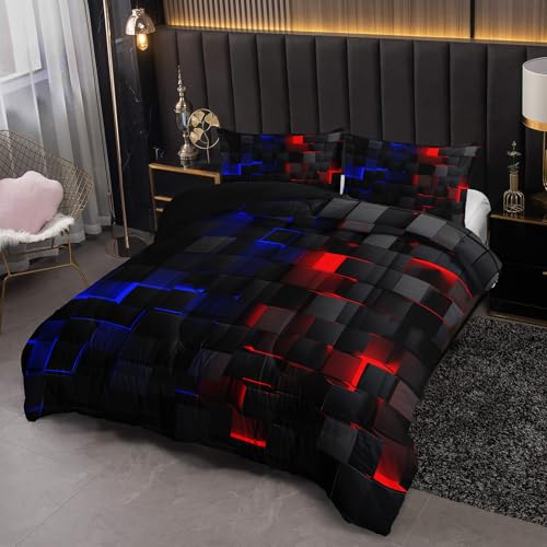 Image of Nttopship Neon Red and Blue Comforter Set Full Geometric Kids Bedding Set,3 PCS Geometry Honeycomb Bed Set Modern Quilt Set 1 Comforter 2 Pillow Cases Cool Room Decor All Season B-Side Black