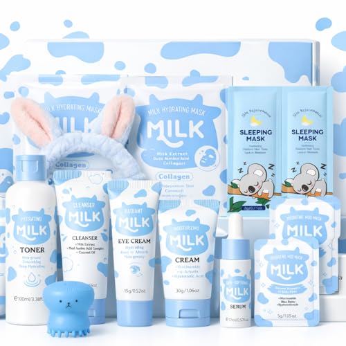 13Pcs Milk Skin Care Sets & Kits Hydrating Skincare Set with Cleanser Toner Serum Eye Cream & Masks Travel Skincare Set Gift for Teens Women Daily Face Care