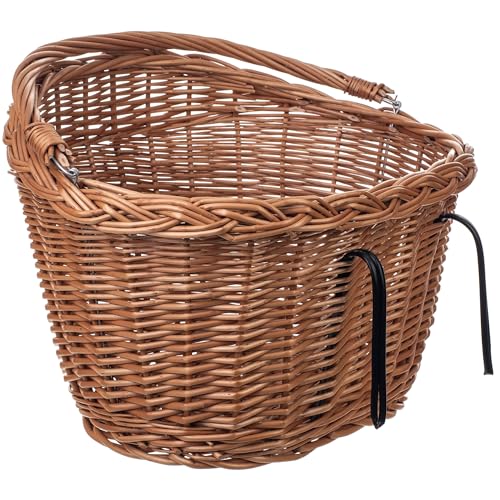 KADAX Fahrradkorb Vorne aus robuster Weide, Lenkerkorb mit Tragegriff und Stahlhaken, Klassischer Weidenkorb für Lenker, Großer Korb für Fahrrad (Braun)