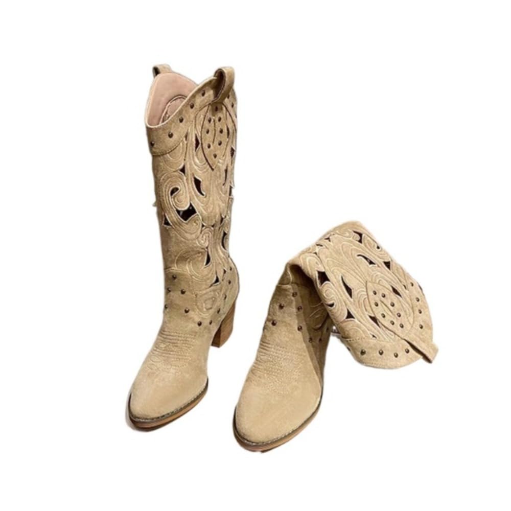 Suede Embroidered Western Boots for Women Chunky Heel Mid Calf Cowboy Boots with Studded Details Cut-Out Design and