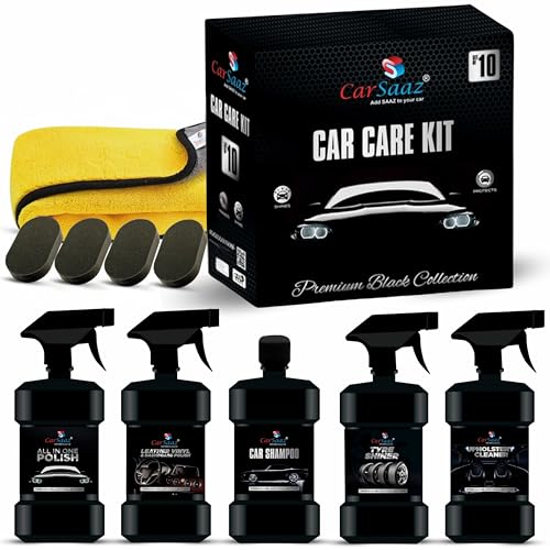 Image of CAR SAAZ Car Care Kit (Pack of 10 Pcs) | Includes: All in One Polish, Dashboard Polish, Upholstery Cleaner, Shampoo, Tyre Shiner (200ml Each), 5 Applicators & Cloth | Car Polish Kit | Clean & Protects