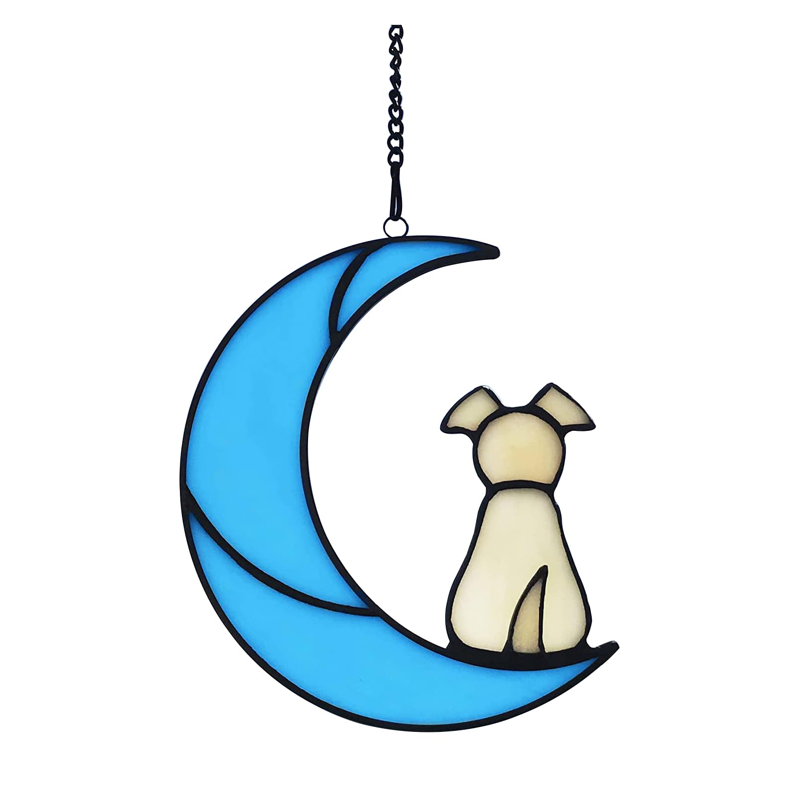 TITA-DONG Sun Catcher for Window Panels Halloween Ornaments, Stained Glass Pet Dog Memorial Gifts for Dog Lovers, Dog On Moon Art Suncatcher Stained Glass Panel Wall Window Decoration(Yellow)