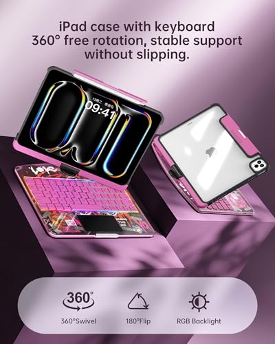 Image of Clear Keyboard Case for iPad Pro 11 Inch (M4 /M5 2024 /2025) 360 Swivel Multi-Touch Trackpad,with Wireless Bluetooth 3-Brightness & 7-Color Backlit, Pencil Holder tecla de acceso directo Pink