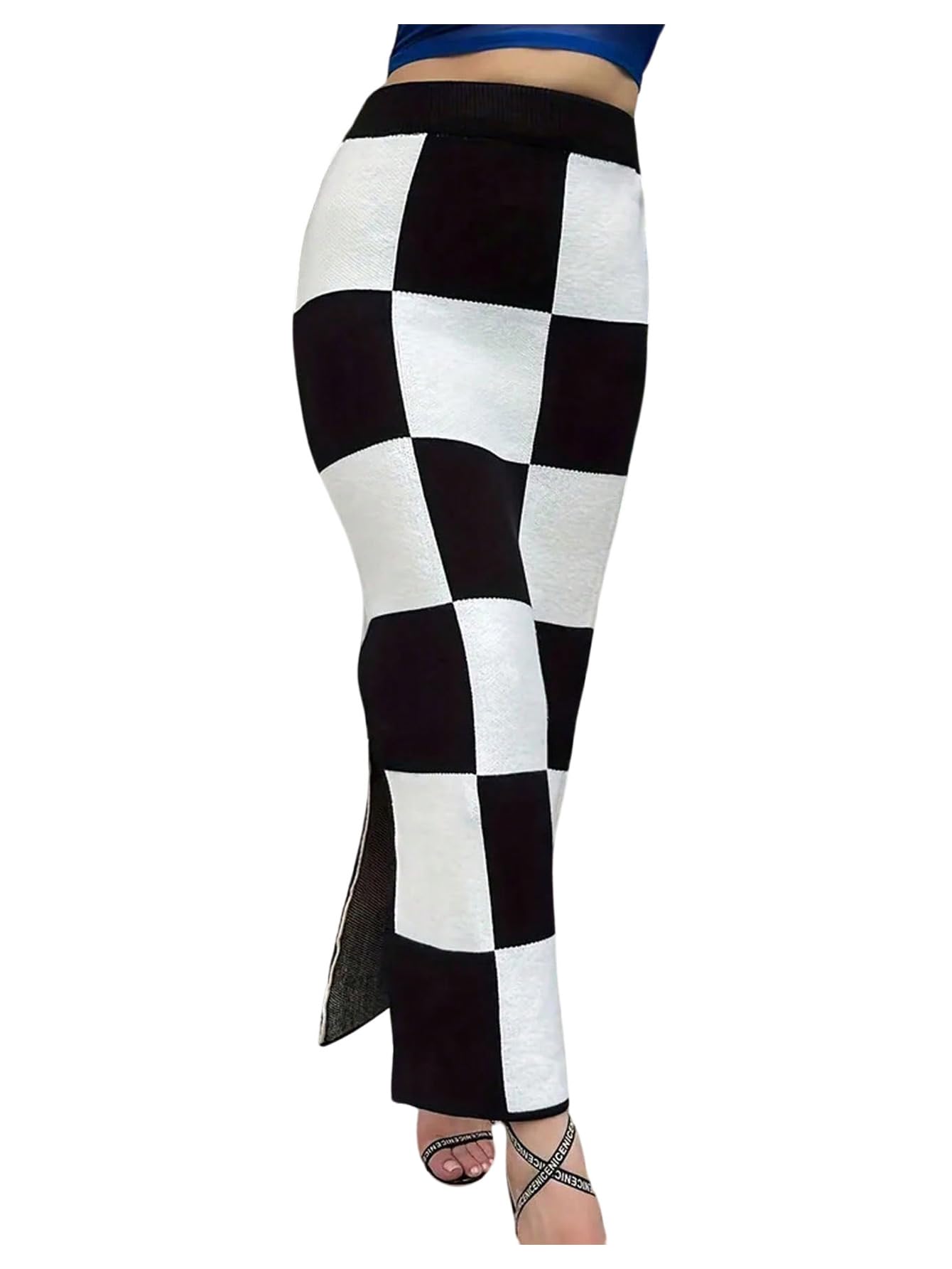 SHENHE Womens Checkered Skirt High Waist Back Slit Elastic Plaid Bodycon Maxi Pencil Skirt