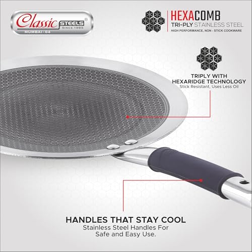Image of Classic Steels Hexa Comb Roti Tawa 28cm - 2.5mm Thick | Non-Stick Triply Stainless Steel Roti Tawa for Roti, Chapati, Paratha | Induction & Gas Compatible| Durable Stay Cool Silicon Handle