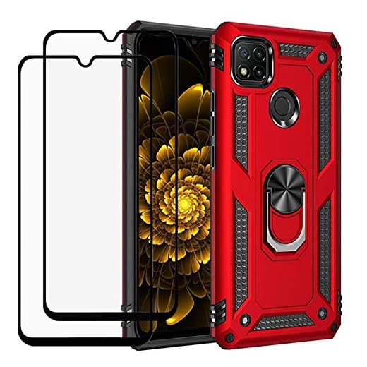 YaHan Capa compatível com Xiaomi Redmi 9C com protetor de tela de vidro temperado [pacote com 2], híbrido resistente anel giratório de 360 graus com suporte de camada dupla à prova de choque Defender