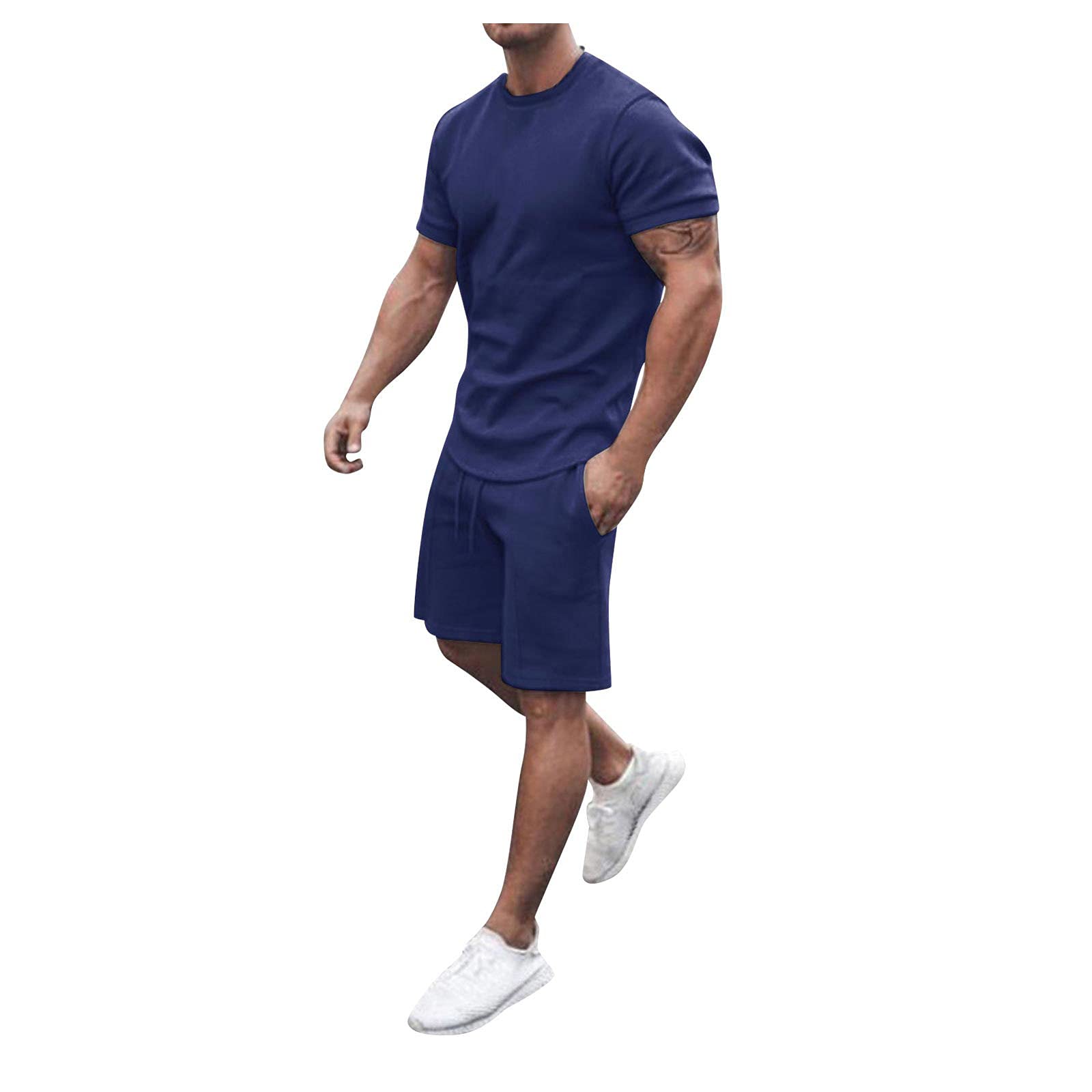 Stoota Men's Tracksuit Summer, 2PC Short Sleeve Slim Fit Solid Sweatshirt Jogger Sweatpants T-Shirts Shorts Sports Suits, Blue, X-Large