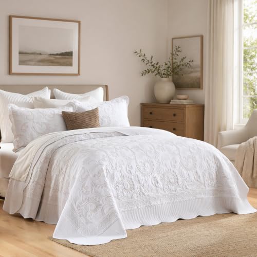 Oversized King Bedspread 120x120, Damask Scrolls Embroidery, Beige/White - image 1