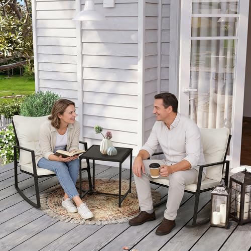SUNCROWN 3 Piece Outdoor Rocking Bistro Set Black Wicker Furniture Porch Chairs Conversation Sets with Glass Coffee Table, Beige - Image 3