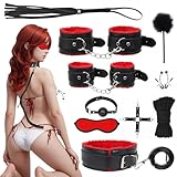 10 PCS Sex Bondage BDSM Kits Restraints, Fetish Handcuffs Ankle Cuff Collar Blindfold Whip Rope Nipple Clamps Paddle Anal Toys Ball Gag Adult Games Foreplay Sexy Toys for Couples (RED)