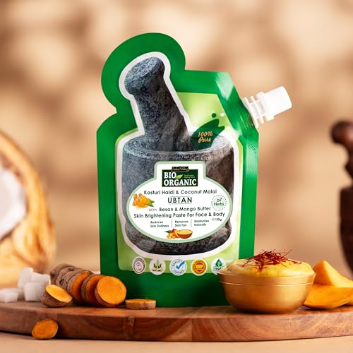 Image of Indus Valley Bio Organic Kasturi Haldi & Coconut Malai Ubtan, Skin Brightening Paste with Besan & Mango Butter for Face & Body