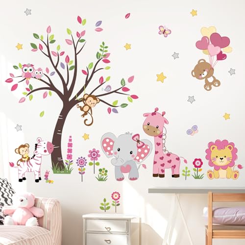 decalmile Pink Jungle Animal Tree Wall Decals Forest Lion Elephant Monkey Wall Stickers Girls Bedroom Baby Nursery Wall Decor - Image 3