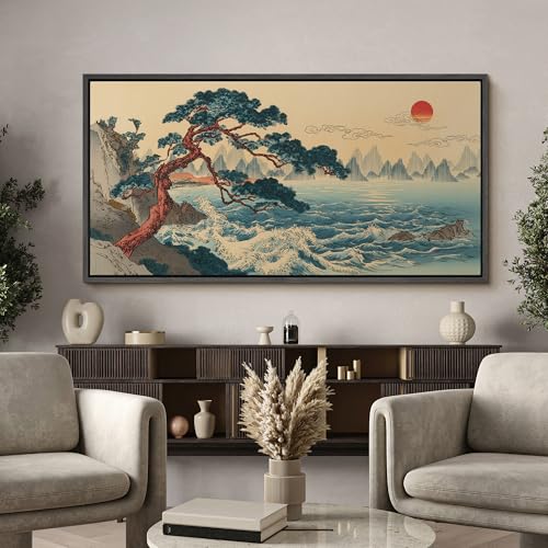 Image of MUDECOR Extra Large Framed Canvas Print Wall Art Traditional Asian Coastal Pine Tree Sunrise Landscape Antique Retro Ready to Hang Painting for Living Room Bedroom Multi-Sizes - 60 inchx30 inch