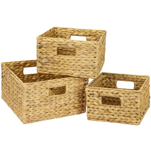 HMF Panier de rangement, panier tressé en jacinthe d'eau, carré | Lot de 3 | 22 + 26 + 30 cm