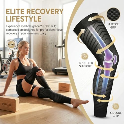 Image of MGANG Full Leg Compression Sleeves for Men & Women, Thigh High 20-30mmHg Graduated Compression Stockings for Thigh Calf Knee Support, Pain, Swelling, Varicose Veins, Running, Sports, 1 Pair, Black S