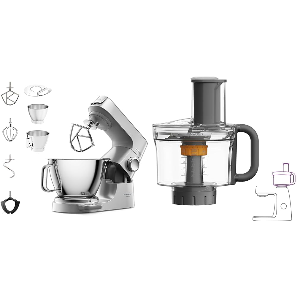 Kenwood MultiPro Food Processor KAH65.000PL, Akcesoria do ugniatania, Srebrny & Kenwood Titanium Chef Baker Mikser, Srebrny, 5/3,5 l