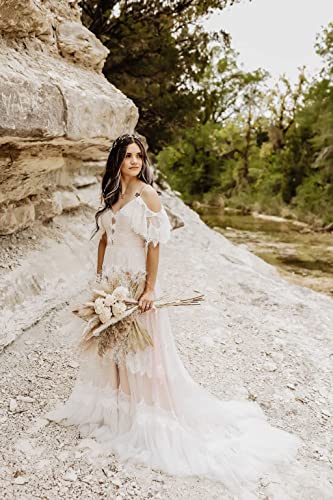 Women's Wedding Dresses Chic Lace Evening Dresses V Neck Ruffle Sleeves Beachy Boho Outdoorsy Wedding Gowns(Nude Pink,Xl) #TOP6