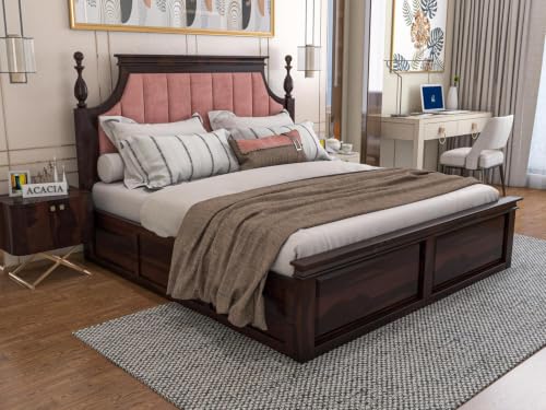 Image of Craft Wooden Queen Size Bed with Storage | Double Bed Cot Bed with Box Storage & Pink Colour Upholstered Cushioned Headboard for Bedroom | Solid Wood Sheesham, Walnut