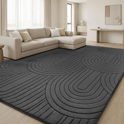 Treeboy Kurzflor Teppich Wohnzimmer, Teppich Groß 140 x 200 cm, 3D Halbkreismuster Carpet Dunkelgrau Waschbarer Teppiche Schlafzimmer Flauschige Rugs, Teppiche Gegend Mit Rutschmatte