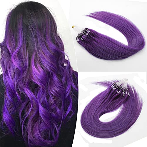 Yotty Purple Hair Extensions Real Human Hair Micro Ring Loop Micro Beads Link Colored Hair Extensions Lila 18inch 100strands 50gr