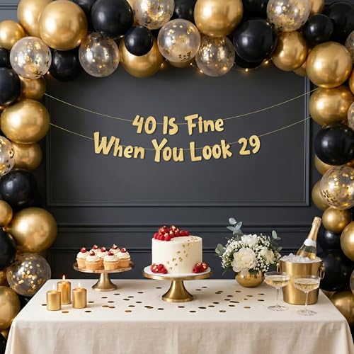 Image of Pre-Strung 40 Is Fine When You Look 29 Gold Glitter Banner - 40th Birthday Decorations for Men and Women - Birthday Party Supplies and Gifts