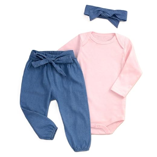 Conjunto Bebê com Body Manga Longa, Calça Jeans e Faixinha – 3 Peças – 100% Algodão – Loja Era Uma Vez
