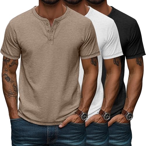 Huukeay 3 Pack Mens Big & Tall Henley Short Sleeve Shirts Crew Neck Casual Button T-Shirts Summer Basic Tees Tops(Black White Khaki 4X-Large)