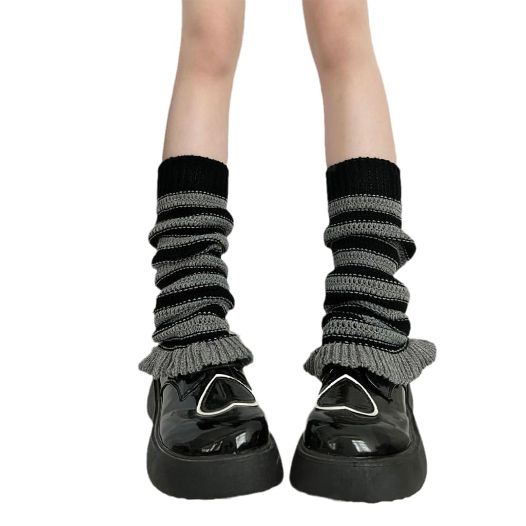 Chenxi Studio Women's Black Gray Leg Warmers For Girls, Girls Lolitas Leg Warmers Y2k Stripe Knitted Flared Leg Sleeves Goth Baggy Cuff Ankle Heap Socks Jk Uniform Foot Cover