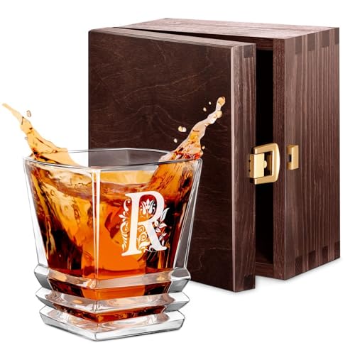 Maverton Whisky Glas mit Gravur 280 ml - Whiskyglas mit effektvollem Design - edles Kristallglas für Mann & Whiskygenießer - Bourbon Glas zum Geburtstag - Weihnachtsgeschenke - Buchstabe