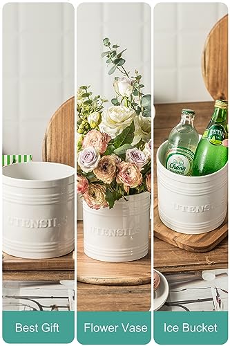 LAUCHUH Utensil Holder for Countertop Porcelain Utensil Caddy Farmhouse decor Kitchen Utensil Crock Large Size for Kitchen Storage, Halloween, Thanksgiving, Christmas, White