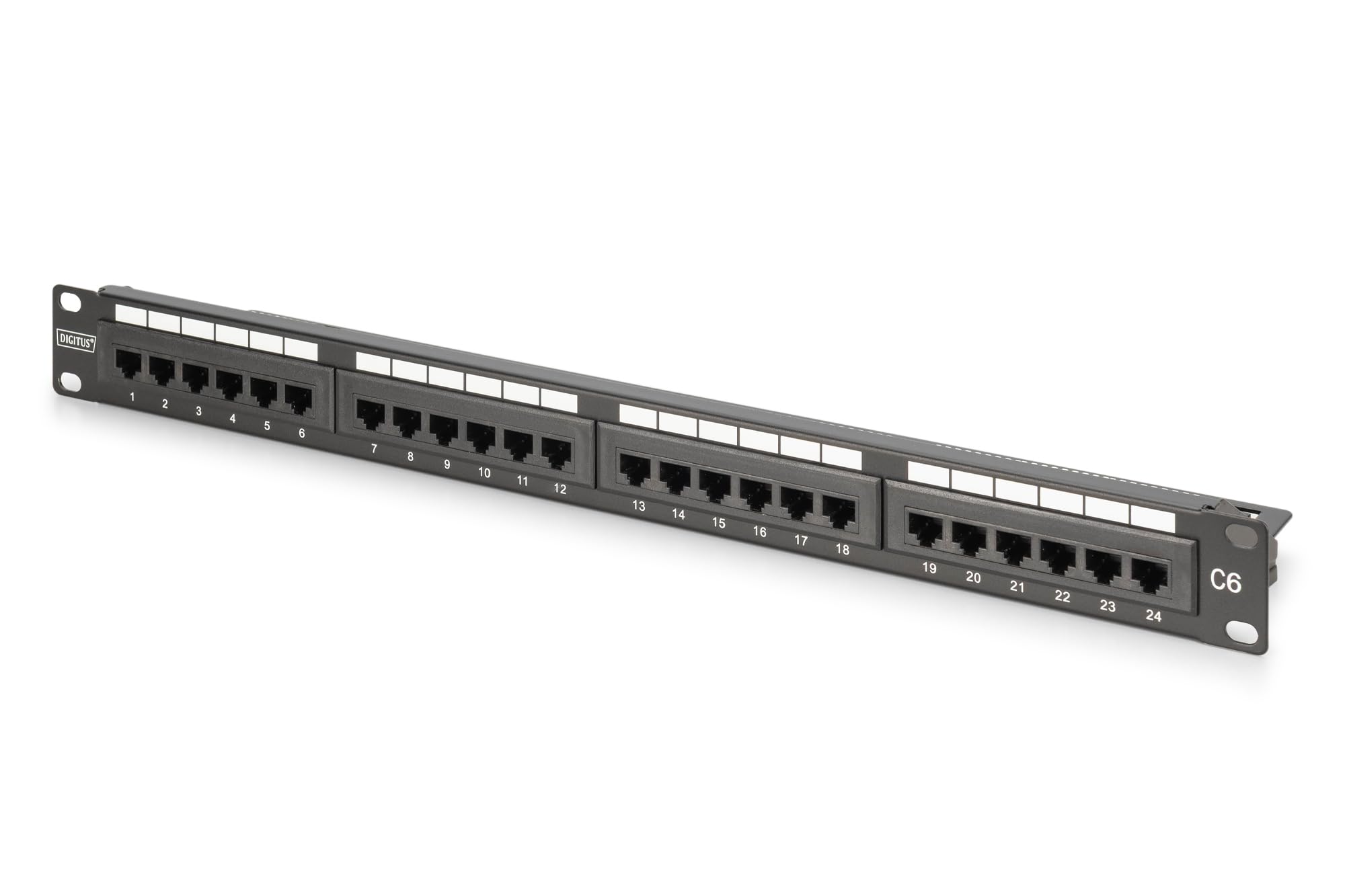 DIGITUS 19-inch patch panel – CAT 6 – LSA patch panel – 24-port RJ45 – Unshielded – Rack mount 1U – Black