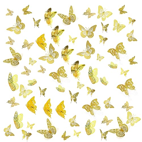 3D Butterfly Wall Decor 48 Pcs 4 Styles 3 Sizes, Gold Butterfly Decoration for Birthday,Party, Removable Wall Stickers Interior Decoración Kids Nursery Classroom Wedding Decor (Gold 48 Pcs)